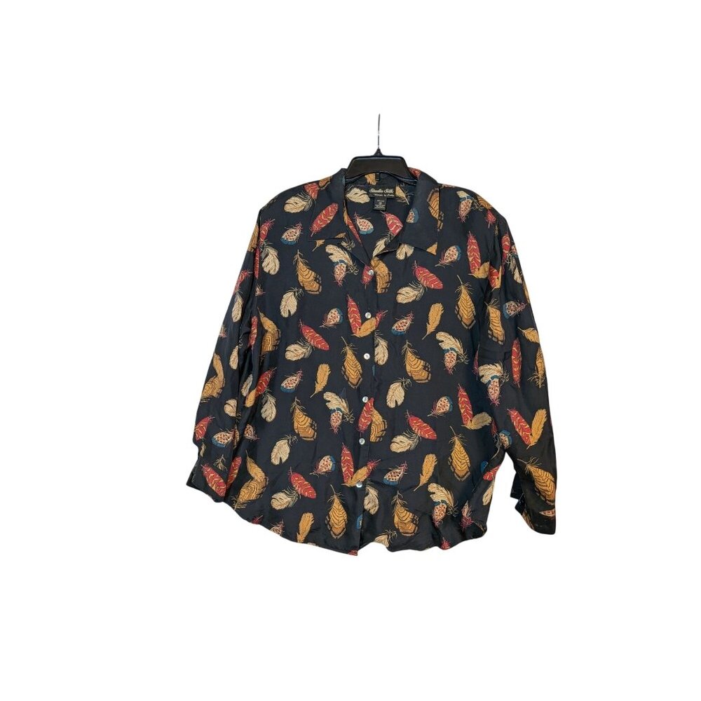 Vintage Studio Silk Womens Shirt Feather Print Black Multi-Color Button-Up Size